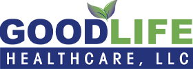 Logo for GoodLife Healthcare, LLC featuring blue and green text